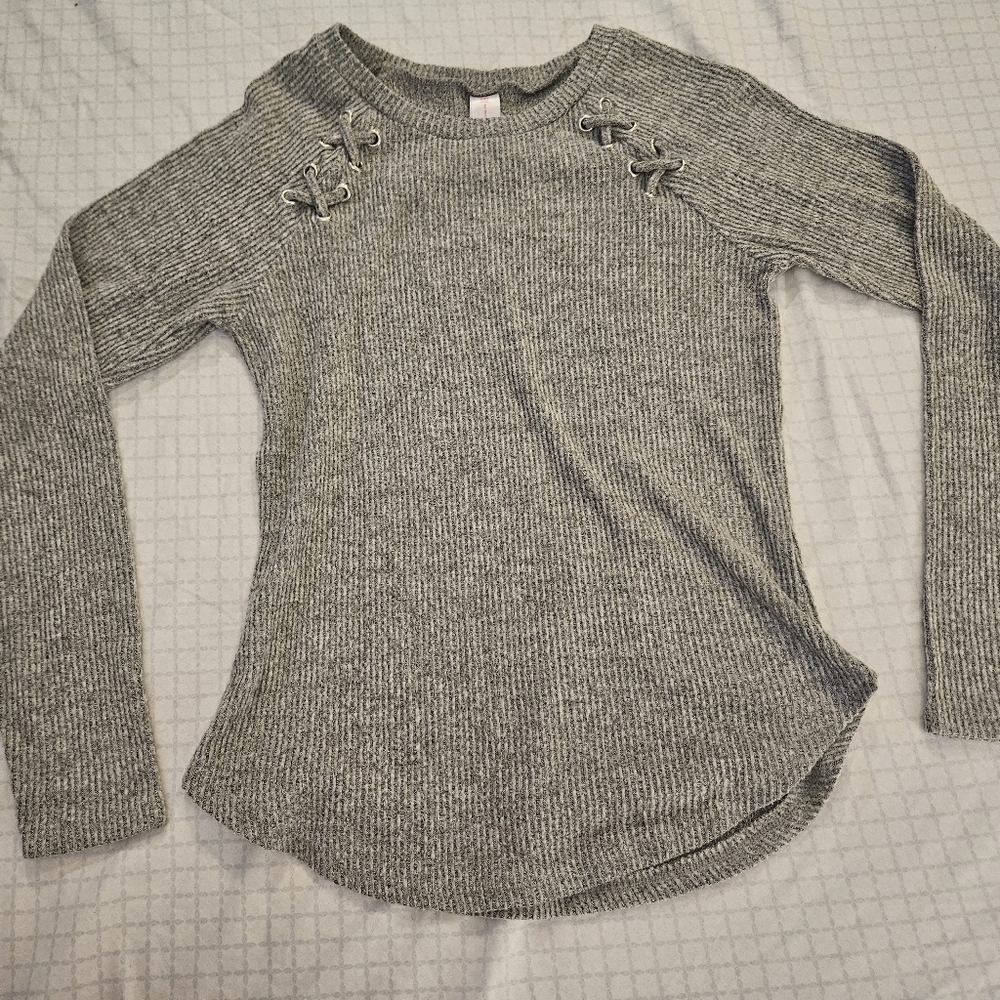 No Boundaries Super Soft Gray Sweater with Lace-Up Accents